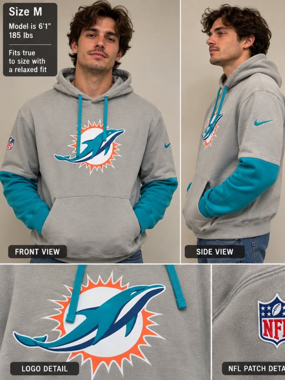 Nike Miami Dolphins NFL Hoodie Men’s Medium Gray Aqua